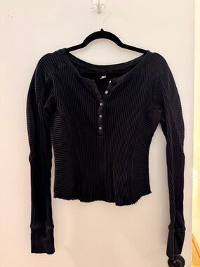 Free People - FP Movement Women’s Black Ribbed Henley Long-Sleeve Top
